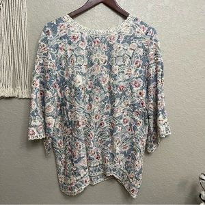 Boho Blouse Botanical Pattern Pink Rose Scallop White Lace Crochet Solitaire Top